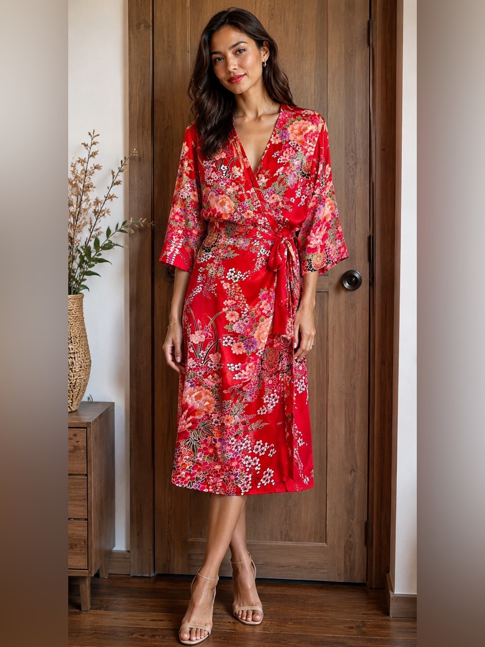 Silk Floral Wrap Dress / Housecoat – Japanese Garden Print, Belted